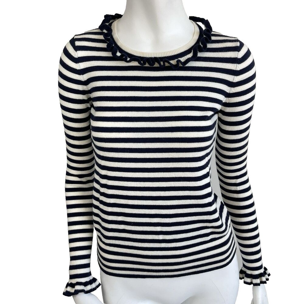 Boden Ruffle Wool Blend Sweater US 4 Navy White Stripped Preppy Nautical